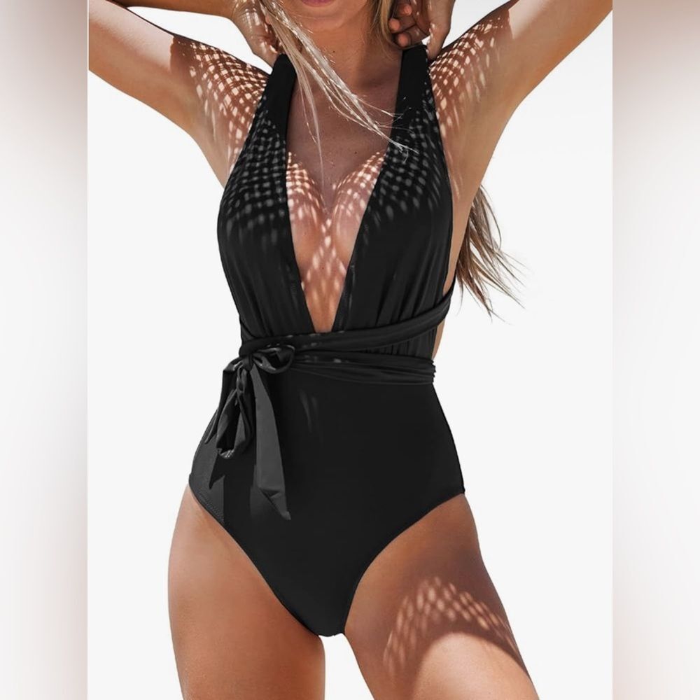 Cup she One Piece Black Swimsuit Cut Out Cross Back V Neck Ruched High Cut L NWT